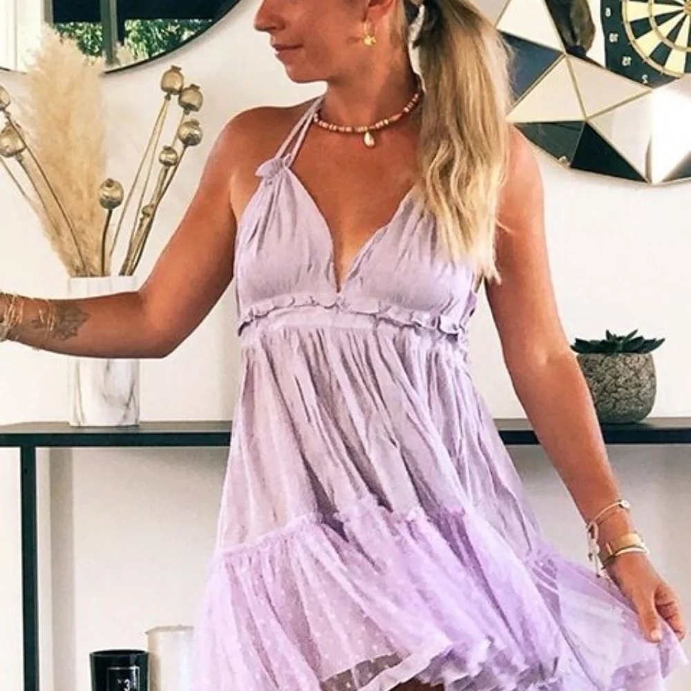 Boho Swiss Dot Halter Mini ruffle dress - Picture 3 of 12